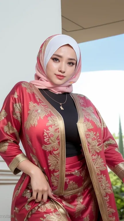 RAW, Best quality, high resolution, masterpiece: 1.3), beautiful Malay woman in hijab,Masterpiece, perfect slim fit body, (big breasts), big gorgeous eyes, Soft smile, wear a tight shirt & tight leggings, necklace, shairband, afternoon walk, City garden, E...