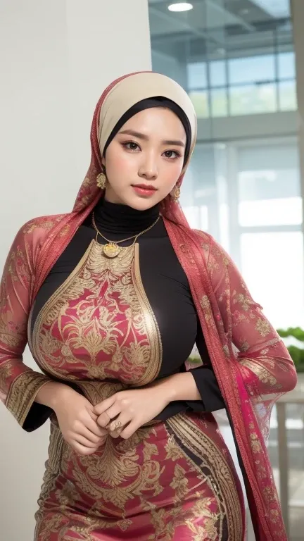 RAW, Best quality, high resolution, masterpiece: 1.3), beautiful Malay woman in hijab,Masterpiece, perfect slim fit body, (big breasts), big gorgeous eyes, Soft smile, wear a tight shirt & tight leggings, necklace, shairband, afternoon walk, City garden, E...