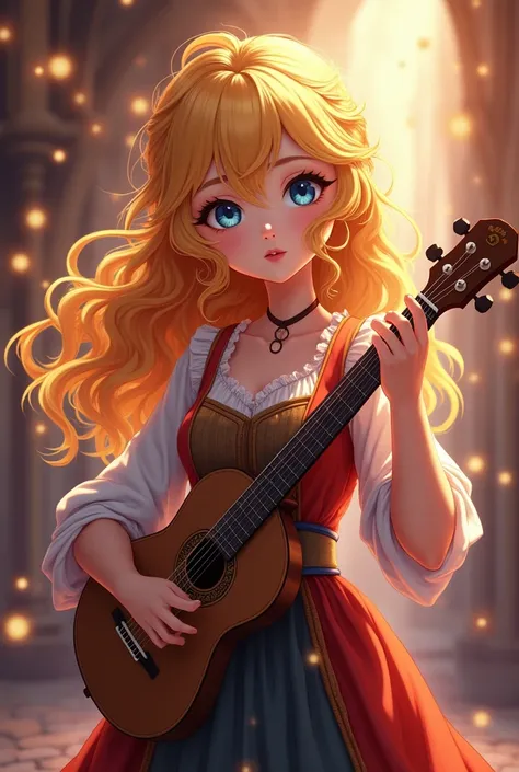  "4K anime style quality, digital drawing mode, charming anime female character, curly golden hair, sparkling azure eyes, wearing a colorful minstrel outfit with a lute, glowing musical notes around her, Blur the background to create a three-dimensional ef...