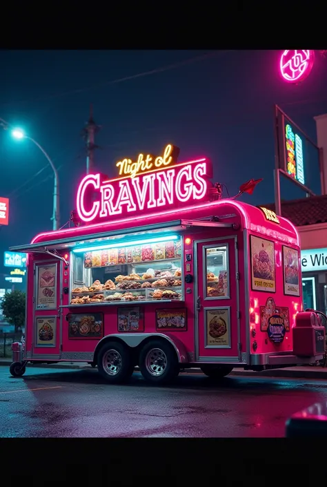  Design for a junk food trailer with the name Night of Cravings, that has a wide variety of images that can attract customers . 