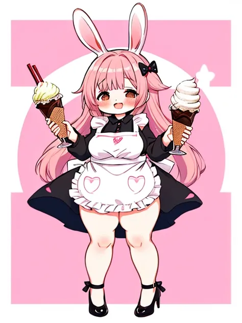 Young girl， chibi, chubby ， obesity，Bunny ears， naked apron，Insanely， full body shot    ， ice cream，milk，smile，Full of happiness， changing clothes，sex💕hard core💕発情💕💕 💕💕💕💕👠💋🍑🍑🍑🥃