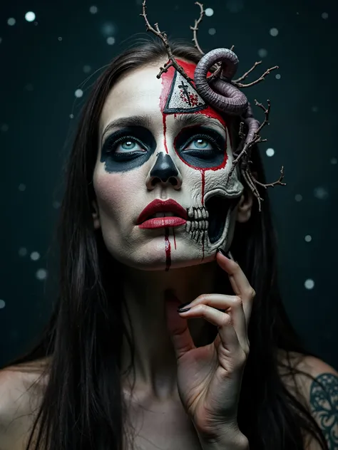 Female biomedical half skull half face painted with occult dark art, triangle and a dagger drawn on it, spilled with red fluid,barb wire and tentacles growing from it,,dark makeup tesrs,a woman holding it up to the stars,dark surrealism,dark realistic phot...