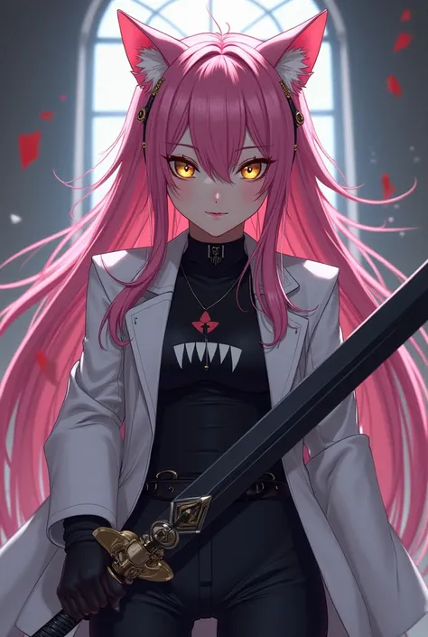  anime with long spiky pink hair, Pink cat ears ,  golden eyes, white jacket, Your clothes are black with a cat's tooth , wielding a heavy sword.
