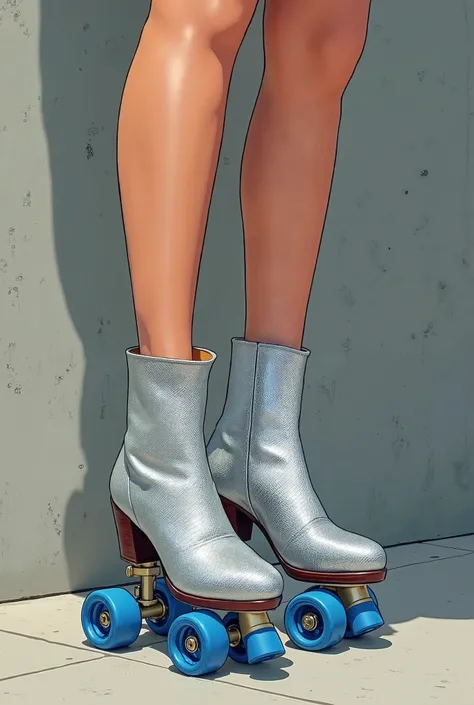 The illustration is a high definition illustration with 4k resolution, with highly detailed facial features and cartoon style visuals, concrete wall background,close up of woman’s feet wearing silver diamond plate high heel dress boot roller skates with bl...