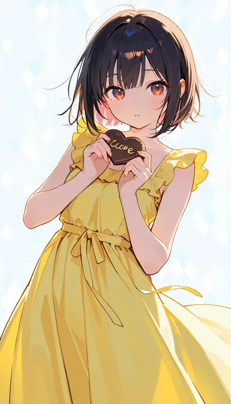 a cute girl holding a heart-shaped chocolate with "LOVE ME" written on it, pop background, cowboy shot, black bob hair, brown eyes, flowy dresses, (jaw-dropping beauty, perfect proportions, body beauty:1.1), beautiful detailed eyes, beautiful detailed lips...