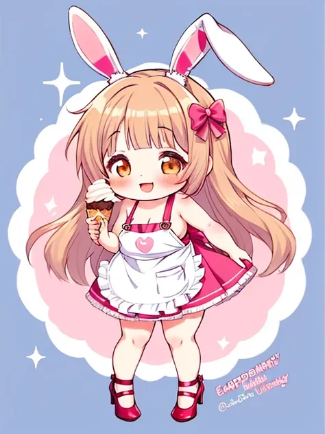 Young girl， chibi, chubby ， obesity，Bunny ears， naked apron，Insanely， full body shot    ， ice cream，milk，smile，Full of happiness， changing clothes，sex💕hard core💕発情💕💕 💕💕💕💕👠💋🍑🍑🍑🥃