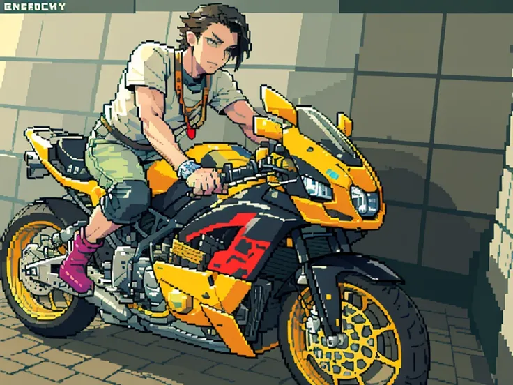 arafed man sitting on a yellow and black motorcycle in front of a building, by :5 sexy: 7, henry ascensio, avatar image, motorcycle, jerma985, jerma 9 8 5, andreas, mateus 9 5, reyyan, gamin, profile photo, david marquez, inspired by Okada Beisanjin, motor...