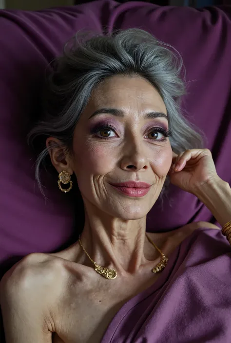 Detail Tweaker LoRA、 photorealistic、 full body image、80 year old Japanese charismatic celebrity old woman、 grandma who forcibly makes her younger、Small wrinkles, freckles, and spots on the skin、Naughty smile、A thin, poor body、super petite body、Irritated s...