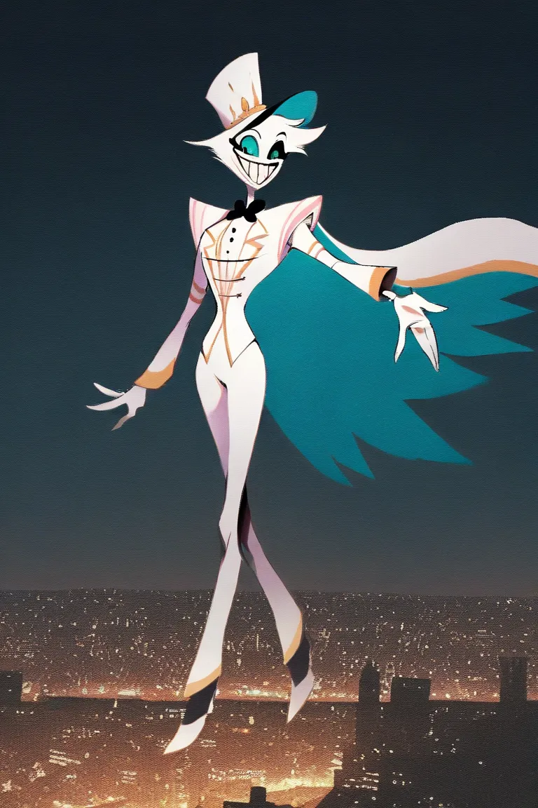 God, hazbin hotel, cape, white suit, white hair, white gloves, aqua blue eyes, epaulletes, smile, white shoes, holding kane
BREAK
High Resolution, Best Quality, Masterpiece, night, city