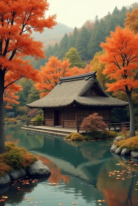 Create an illustration of many trees with the pond and a small hut in Hida Folk Village in Takayama, Japan in Autumn season. Use brown, orange, and other autumn colors.