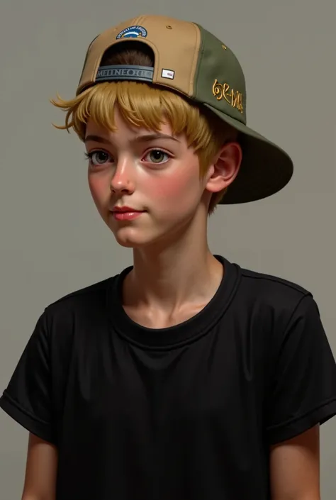  Make a 15-year-old blond boy with a black blouse and a Brazilian cap behind the back, looking Brazilian and realistic 