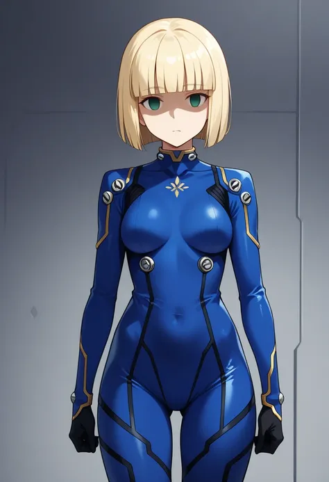 Artoria Pendragon (fate),neutral, expressionless, standing, looking at viewer, (((blunt cut, bob, blunt bangs, bob cut))), wiry, gloves, choker, bodysuit, blue latex,cowboy shot,Shaded face, empty eyes, no pupils, 1girl, solo, blonde hair, green eyes      ...