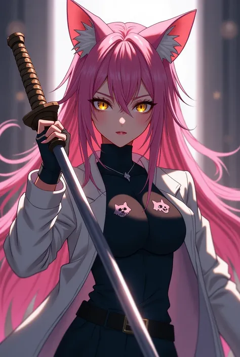  anime with long spiky pink hair, Pink cat ears ,  golden eyes, white jacket, Your clothes are black with a cat's tooth , wielding a heavy sword.
