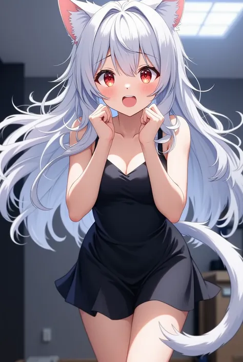 Girl with silver hair and cat ears, The girl with the white cat's tail, black mini skirt dress,  living room at home, I'm surprised and overjoyed, (((face shot))),  (((close up))), Put your hands on your mouth, lean forward, and rejoice,  Ceiling Fluoresce...