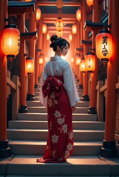 Back view of a beautiful Japanese woman in a kimono, taking a commemorative photo at a shrine with vermilion-painted lanterns on either side of the stairs leading up, Japanese woman looking back with moody lighting, cinematic, digital painting, vibrant col...