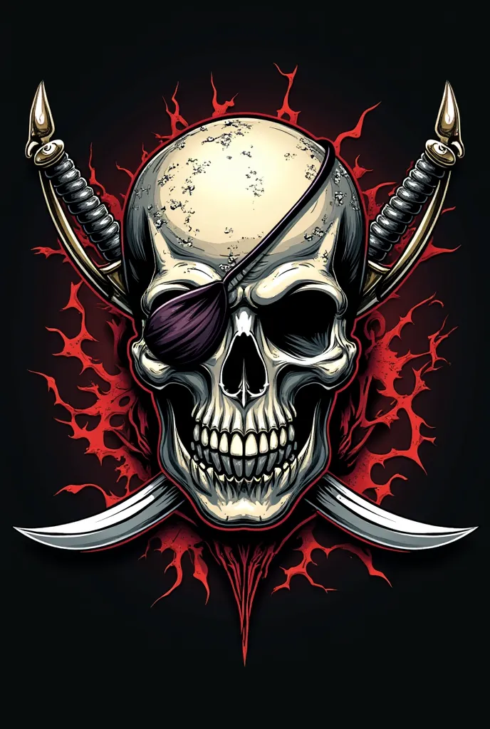 Create a rock band logo with a skull ,  with one of your eyes covered with an eye patch and behind it two crossed swords with the name "The Sailors"