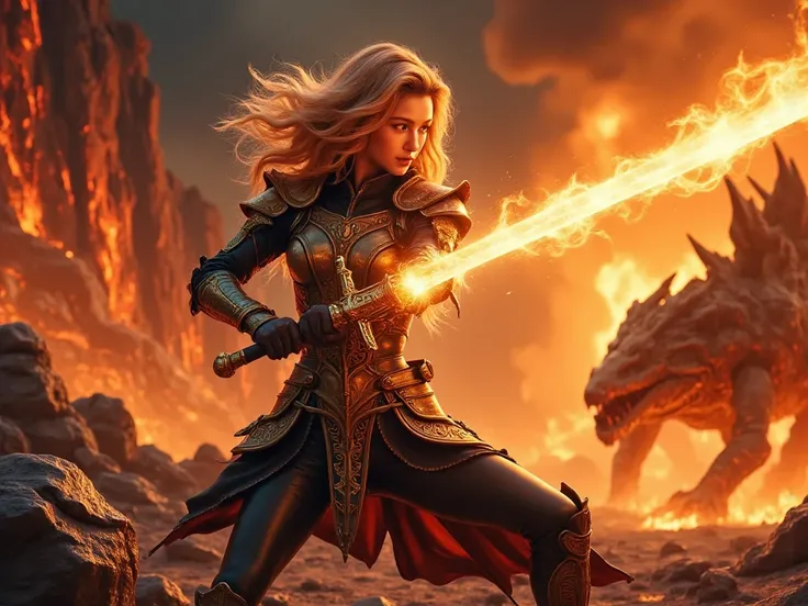 beautiful woman blonde haired female swing a large sword ,the sword are on fire, in black and gold full armor costume, Surrounded by a volcano erupting, red and orange, surrounded by volcanic rocks, sunset, close up her face. she fighting big fire monster