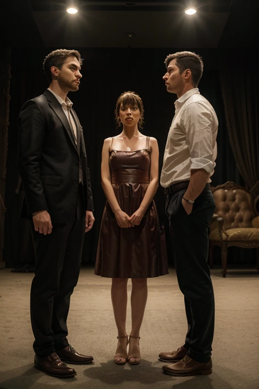  An image with three adult people in a realistic theatrical scene, standing as if they were plants 