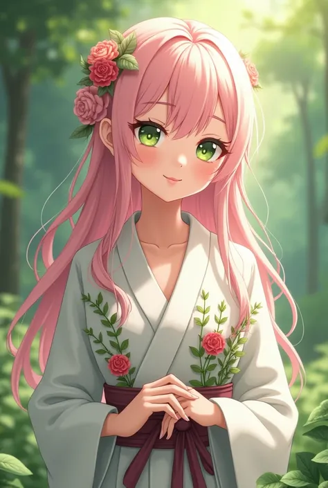  "4K anime style quality, digital drawing mode, kind anime female character, gentle pink hair, soft green eyes, wearing a healer's robe with medicinal herbs, surrounded by a healing aura, Blur the background to create a three-dimensional effect, atmosphere...