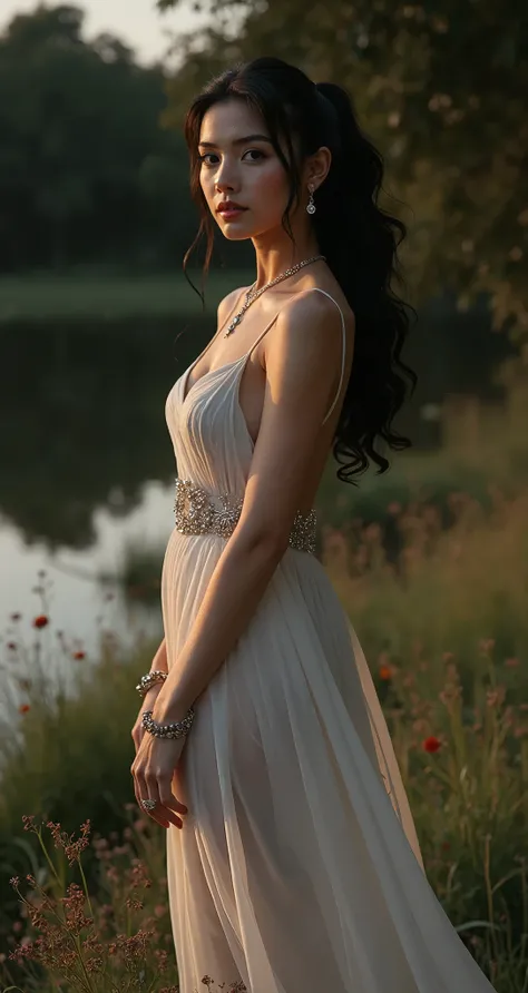 master piece, realistic photo, (big eyes:1.0) ,black eyes ,black hair ,side_ponytail ,tiny earrings ,necklace ,bracelet ,rings ,evening dress ,deep slit ,smile ,closed mouth ,looking at viewer ,outdoor ,silent ,lakeside ,sunset ,from side ,cowboy_shot ,mas...