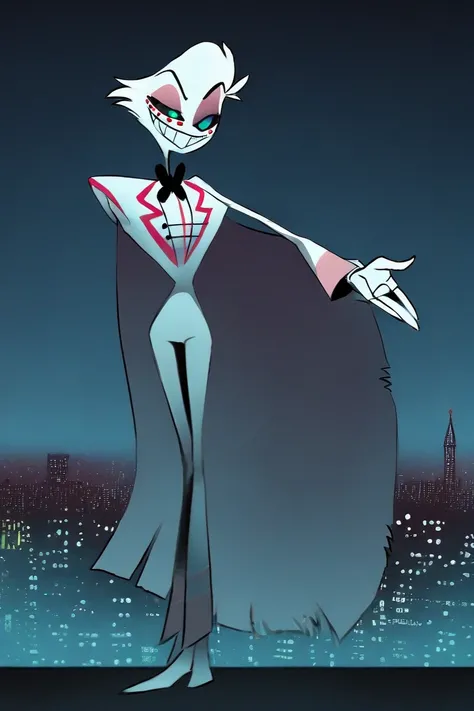 Solo, God, hazbin hotel, cape, white suit, white hair, white gloves, aqua blue eyes, epaulletes, smile, white shoes, holding kane, standing
BREAK
High Resolution, Best Quality, Masterpiece, night, city