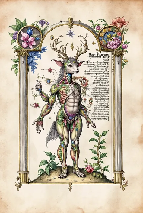 Mediaeval Illuminated manuscript style artwork, colorful ink pen linework, ((textbook manuscript page)) of labelled anatomical drawing of ((mythical fae woodland creature))