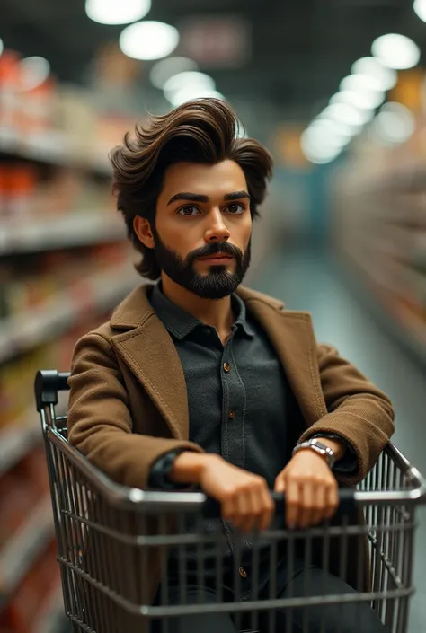 A male doll, well crafted hair and well-done beard with beautiful face and tapered chin inside the blinking supermarket shopping cart