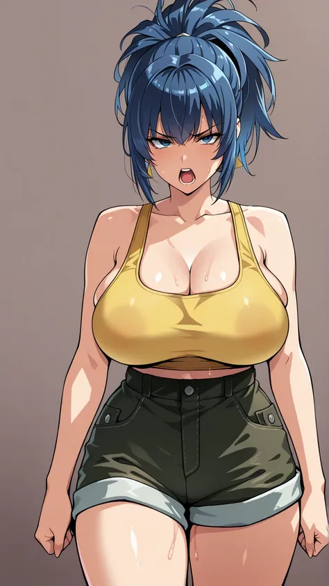 (obra maestra, the best quality, amazing quality),( official style), More quality in the eyes,  Simple background , latest ,1 girl,  Simple background , beautiful eyes,Leona Heidern,  yellow tank top, shorts,  big thighs, nice breasts, adominales, in good ...