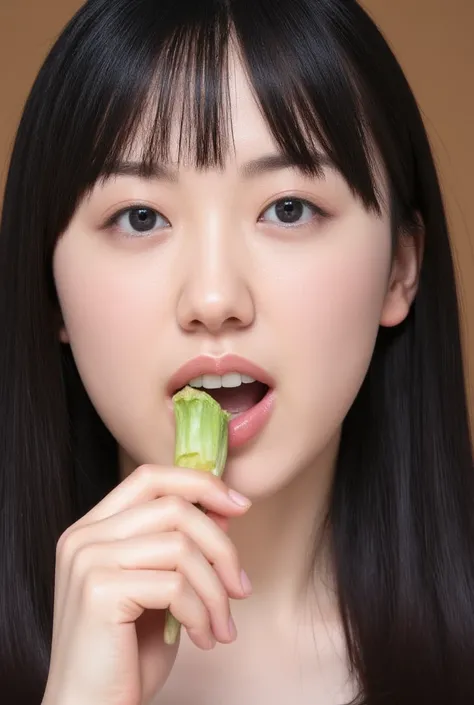  high resolution young Japanese female idol「Kakki」Photo of, Alone,  ( open your mouth , After the blowjob、 ejaculate in mouth), 屋内で 、 A Japanese woman in her 30s puts white sauce around her mouth、 holding the tip of a large thick eggplant in her mouth 、Wom...