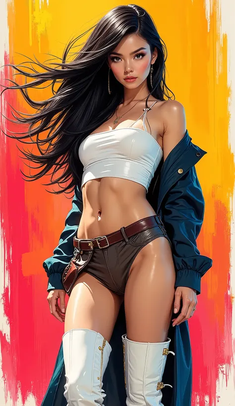 Modern illustration art. Close-up portrait. Captivating female model with striking long black wind-blown hair and toned legs wearing an overcoat and skirt, white thigh-high boots, in front of a simple splash paint background. Vibrant, dynamic brushstrokes....