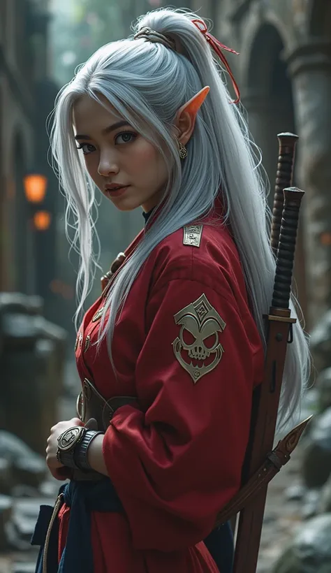 Genuine、 rating safety 、 high resolution images、 Masterpiece、最 high quality、 high quality、 very detailed、More Information、 Sharp Details 、Female Elf Ninja、 with silver hair tied together at a high position、Ninja costume that looks like a red kimono 、Ninja ...