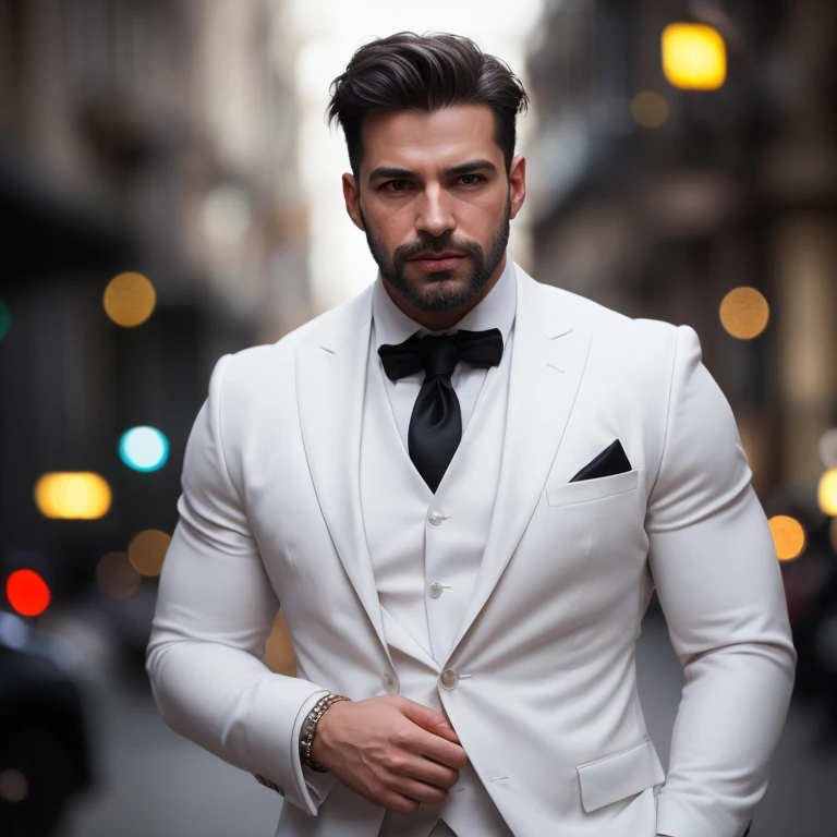 Picture of bearded muscular  (man) in white suit, large lump, ((luz bokeh)),  intricate, (steel metal [oxide]), elegant, erotic,  who exudes sexual energy, homoerotic,  sharp focus,  photo by Greg Rutkowski ,  soft lighting,  vibrant colors, (obra maestra)...