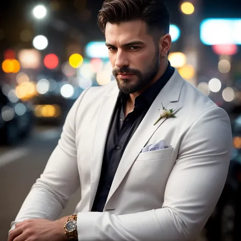 Picture of bearded muscular  (man) in white suit, large lump, ((luz bokeh)),  intricate, (steel metal [oxide]), elegant, erotic,  who exudes sexual energy, homoerotic,  sharp focus,  photo by Greg Rutkowski ,  soft lighting,  vibrant colors, (obra maestra)...