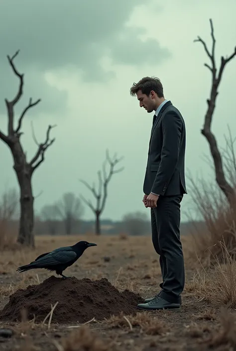 A barren landscape under a cloudy sky, with a lone man standing in shock, watching a crow bury something in the dirt. His expression is one of sorrow and deep shame as he contemplates his actions. The background has twisted trees and dry ground, symbolizin...