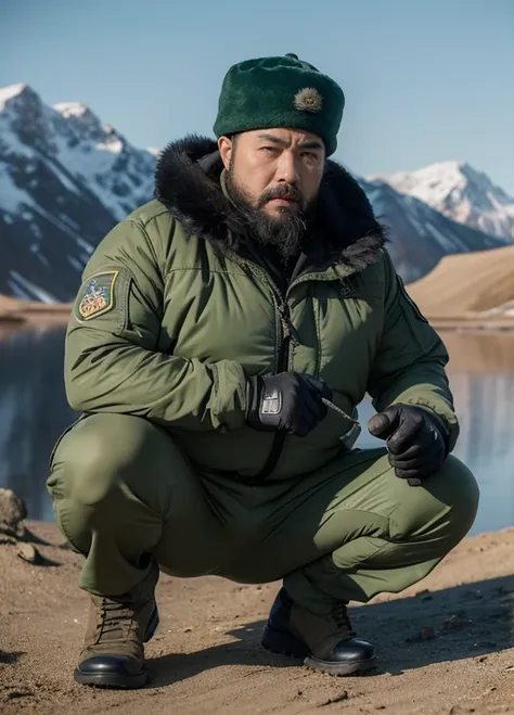   a strong Chinese Mongolian   ， fat wrapped muscles ，beard，  have a face like Ma Xidong's  ，Round Face，Muscle Perfection，temple， vicissity-looking  ，   thick green camouflage tactical suit for winter   ，   winter thick green camouflage tactical pants ，   ...