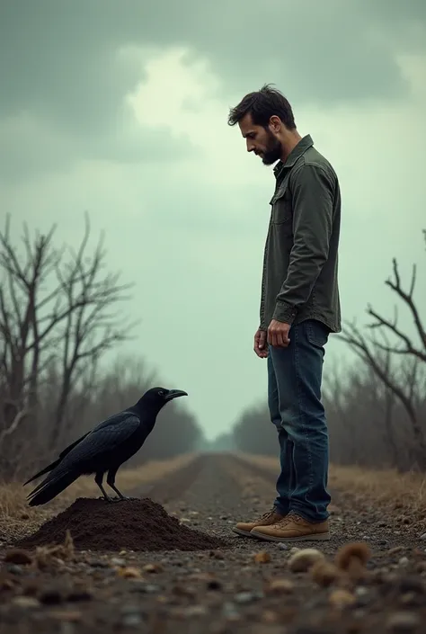 A barren landscape under a cloudy sky, with a lone man standing in shock, watching a crow bury something in the dirt. His expression is one of sorrow and deep shame as he contemplates his actions. The background has twisted trees and dry ground, symbolizin...