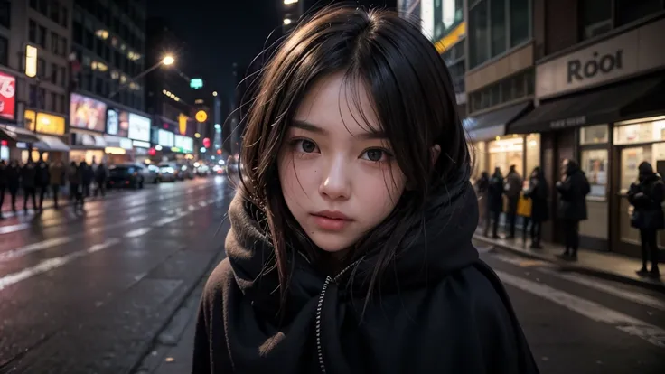 A young woman huddling under a thin blanket on a cold New York street, surrounded by the city lights and the bustle of the city at night.