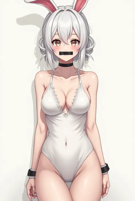  a skinny full-body anime woman ,  with her white hair tied and bun , with a white rabbit swimsuit with ears and with her hands in bondage with adhesive tape and her mouth covered with black tape