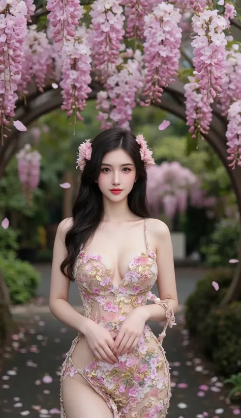 A radiant Thai woman with flawless fair skin, full lips curved into a soft, inviting smile, and deep, captivating eyes. Her long, wavy black hair is adorned with pink sakura and tiny golden petals. She wears a breathtakingly intricate floral ensemble, made...