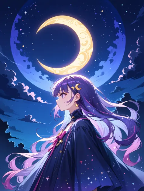  score_9,  score_8_ up the side,  score_7_ up the side, source_Anime,
 1 girl, mixed Korean , kpop idol, Surreal night view,  silhouette , crescent moon in the sky, purple fuse,Starry Night, Dreamy Vibes ,Shining Edges, mystical , high contrast,Ethereal Li...