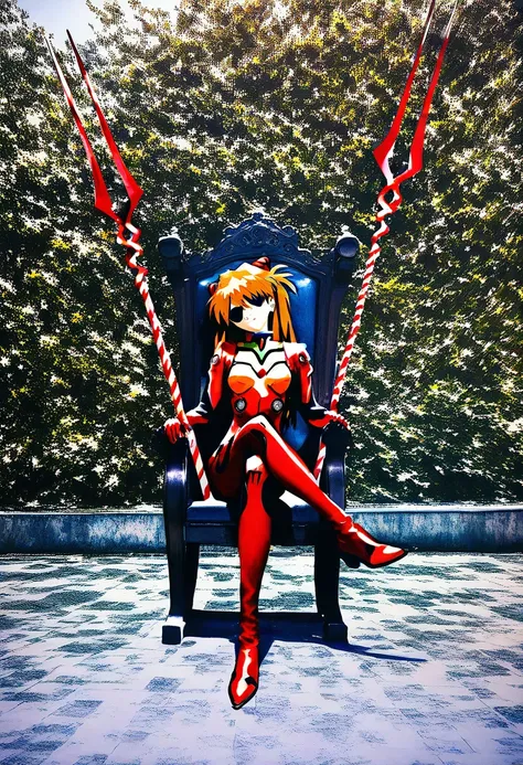  1 girl,  Soryu Asuka Langley, neon genesis  evangelion, Eye patch,  red plug suit,  Sitting, On the throne, Crossed legs,  head tilt,  weapons, Lance of Longinus \\( evangelion\\), cowboy shot, Deep Compositing, Imitation Traditional Media , Picturesque, ...