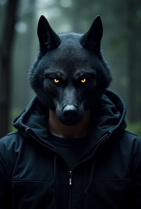 Create an image of a man with a black wolf mask