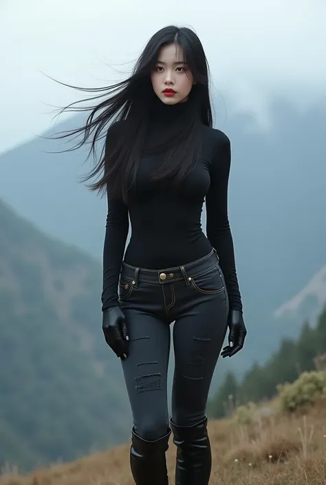 female, cute girl, sexy, long black hair, asian girl, tall, porcelain-white skin, sexy body, prominent red lips, black tight long sleeves, black gloves, black tight jeans, black knee-high boots, (high quality), full body shot, windy mountaintop scene,