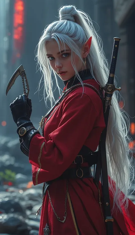 Genuine、 rating safety 、 high resolution images、 Masterpiece、最 high quality、 high quality、 very detailed、More Information、 Sharp Details 、Female Elf Ninja、 with silver hair tied together at a high position、Ninja costume that looks like a red kimono 、Ninja ...