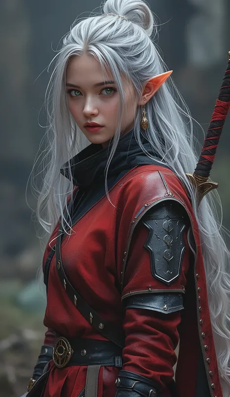 Genuine、 rating safety 、 high resolution images、 Masterpiece、最 high quality、 high quality、 very detailed、More Information、 Sharp Details 、Female Elf Ninja、 with silver hair tied together at a high position、Ninja costume that looks like a red kimono 、Ninja ...