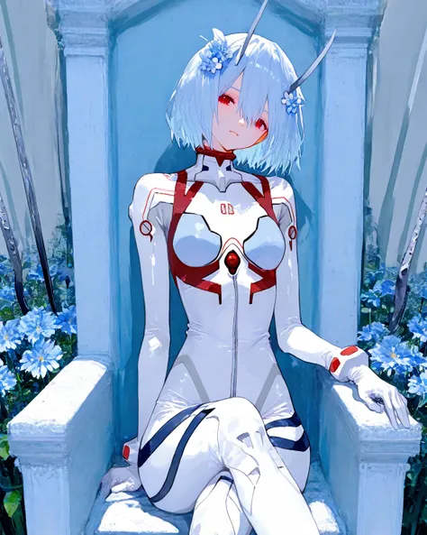   8k wallpaper、   Top Quality、   Masterpiece、   high detail、    and laugh while sitting ,    新世紀 evangelion 、 Rei Ayanami、   Light blue hair 、    short hair、   red eyes、 Light Blue Large Horn 、   Light Blue Flower Hair Ornament   、 WHITE PLUG SUIT 、 should...