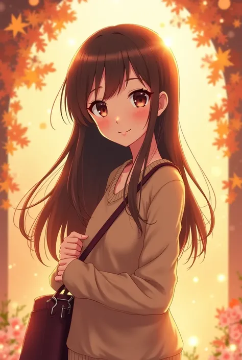 Make a beautiful anime girl with brown hair that is side view and is smiling Wearing a sweater and a handbag with a warm background in a fantasy world where magic exist