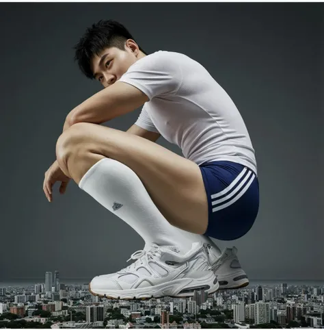 Close-up of very huge white sports shoes. Tight body shirt, extremely short indigo boxers briefs and long black socks. Smiling face. A tall, handsome, Chinese-looking actor male college student in his 20s who looks like a male model, about 10 meters tall, ...