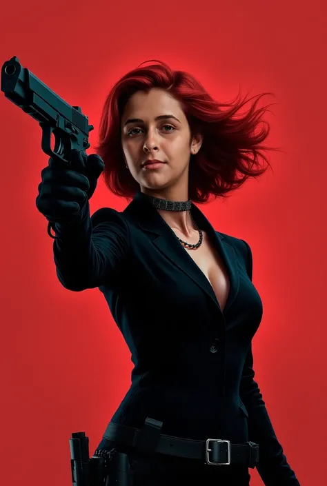 
a woman in a black suit holding a gun in the air, poster art inspired by Natasha Tan, pexels, renaissance, scarlett johansson black widow, elizabeth olsen as black widow, black widow, emma watson as black widow, movie poster character, textless, alison br...