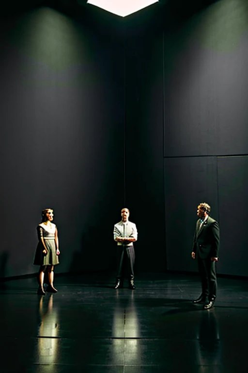 An image with three adult European people in a realistic theatrical scene, standing as if they were plants . In a room with black walls, cinema light